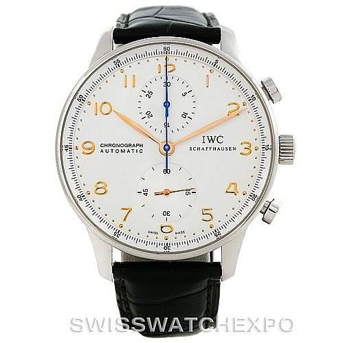 This image shows a front view of an IWC Portuguese IW371445 Men's Stainless Steel Silver Dial IW371445 Men's Stainless Steel Silver Dial Chronograph Automatic watch with a black leather strap.