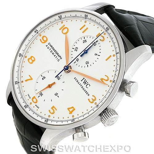 The image shows a side-angle view of an IWC Portuguese IW371445 Men's Stainless Steel Silver Dial IW371445 Men's Stainless Steel Silver Dial chronograph watch, displaying its dial, crown, and part of the leather strap.