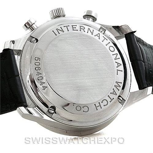 The image shows the back case of an IWC Portuguese IW371445 Men's Stainless Steel Silver Dial IW371445 Men's Stainless Steel Silver Dial model watch, featuring its engravings and black leather strap.