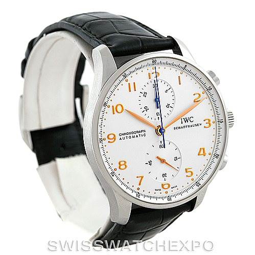 The image shows an IWC Portuguese IW371445 Men's Stainless Steel Silver Dial IW371445 Men's Stainless Steel Silver Dial model watch at a three-quarter angle with a focus on its dial and black leather strap.