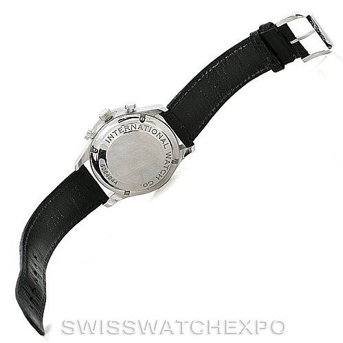 The image shows the back view of an IWC Portuguese IW371445 Men's Stainless Steel Silver Dial IW371445 Men's Stainless Steel Silver Dial watch, displaying the case back and black leather strap.