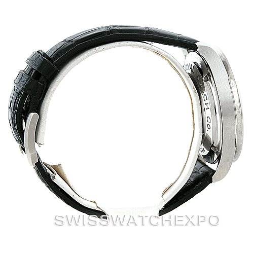 The image shows a side view of the IWC Portuguese IW371445 Men's Stainless Steel Silver Dial IW371445 Men's Stainless Steel Silver Dial model watch, highlighting its case and black leather strap.