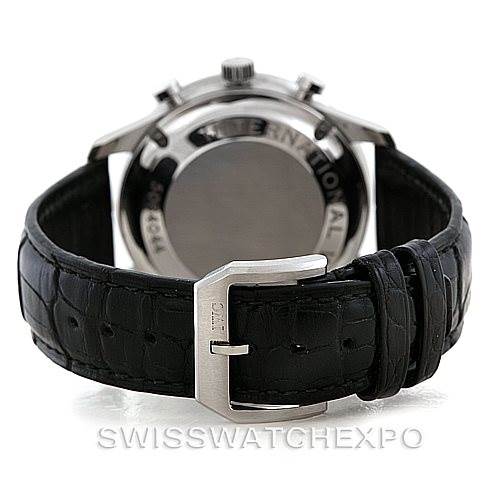 This image shows the rear view of an IWC Portuguese IW371445 Men's Stainless Steel Silver Dial IW371445 Men's Stainless Steel Silver Dial watch, focusing on its back case and black leather strap with the buckle.