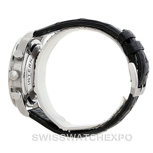 The image shows a side view of an IWC Portuguese IW371445 Men's Stainless Steel Silver Dial IW371445 Men's Stainless Steel Silver Dial model watch, highlighting the crown, pushers, case, and leather strap.