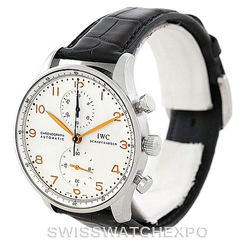 This image shows an IWC Portuguese IW371445 Men's Stainless Steel Silver Dial IW371445 Men's Stainless Steel Silver Dial model watch at a three-quarter angle, highlighting the face, chronograph dials, and black leather strap.