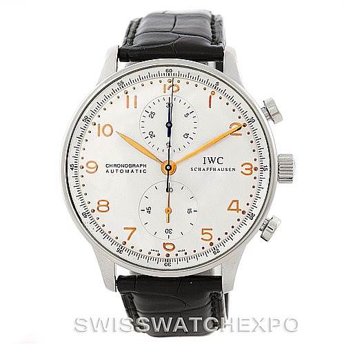 This image shows a frontal view of an IWC Portuguese IW371445 Men's Stainless Steel Silver Dial IW371445 Men's Stainless Steel Silver Dial Chronograph watch, highlighting its dial, hands, and leather strap.