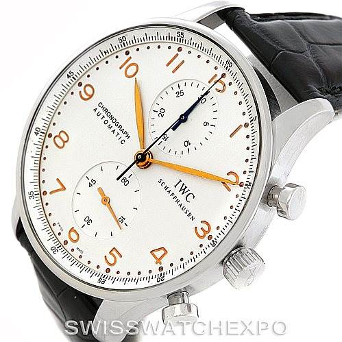 The image shows an IWC Portuguese IW371445 Men's Stainless Steel Silver Dial IW371445 Men's Stainless Steel Silver Dial model watch from a right angle, highlighting the dial, case, crown, and part of the black leather strap.