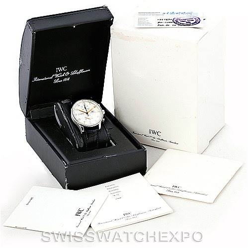 The image shows an IWC Portuguese IW371445 Men's Stainless Steel Silver Dial IW371445 Men's Stainless Steel Silver Dial model watch in its open box, along with the outer box and accompanying documentation.