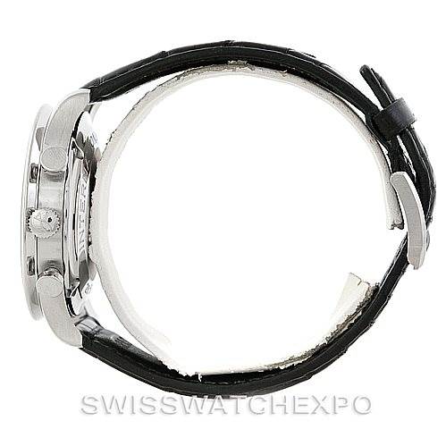 The image shows a side view of an IWC Portuguese IW371445 Men's Stainless Steel Silver Dial IW371445 Men's Stainless Steel Silver Dial model watch with a black leather strap.