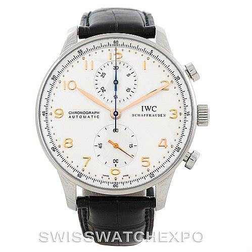This image shows a front view of an IWC Portuguese IW371401 Men
s Stainless Steel Silver Dial IW371401 Men
s Stainless Steel Silver Dial Chronograph watch with a black leather strap.