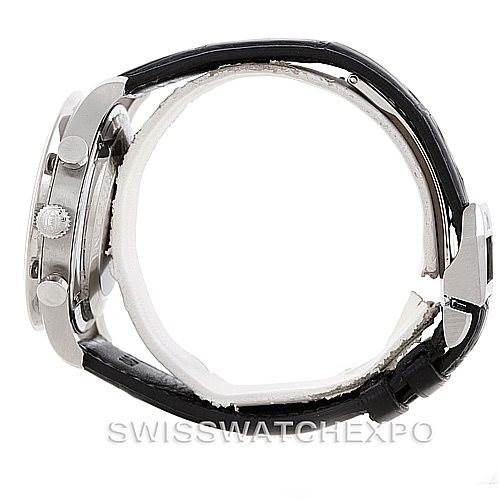 This image shows the side view of an IWC Portuguese IW371401 Men
s Stainless Steel Silver Dial IW371401 Men
s Stainless Steel Silver Dial watch, featuring the crown, pushers, and black leather strap.