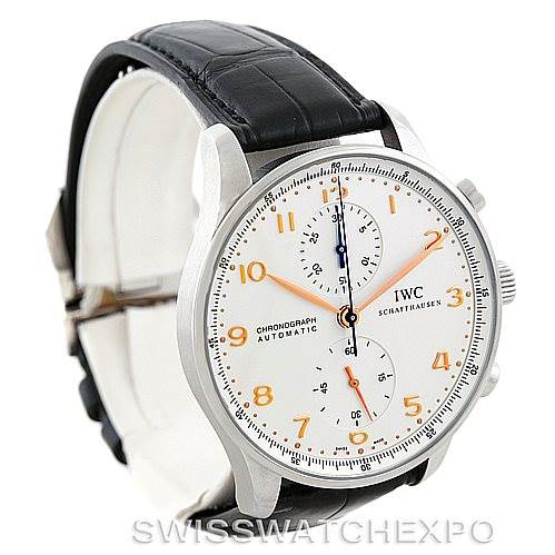 This image shows a front-angle view of an IWC Portuguese IW371401 Men
s Stainless Steel Silver Dial IW371401 Men
s Stainless Steel Silver Dial model watch with a black leather strap and a white dial.