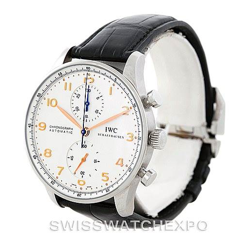 This IWC Portuguese IW371401 Men
s Stainless Steel Silver Dial IW371401 Men
s Stainless Steel Silver Dial model is shown at an angle highlighting the face, bezel, pushers, leather strap, and buckle.