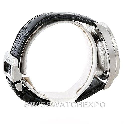 This image shows a side view of the IWC Portuguese IW371401 Men
s Stainless Steel Silver Dial IW371401 Men
s Stainless Steel Silver Dial model watch, highlighting the case and black leather strap.