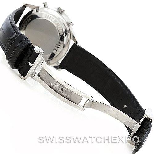 The image shows the back and clasp of an IWC Portuguese IW371401 Men
s Stainless Steel Silver Dial IW371401 Men
s Stainless Steel Silver Dial model watch, highlighting the leather strap and stainless steel deployant clasp.