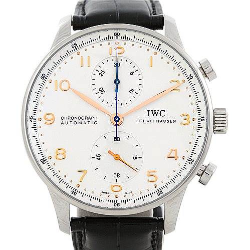 The image shows a front view of an IWC Portuguese IW371401 Men
s Stainless Steel Silver Dial IW371401 Men
s Stainless Steel Silver Dial Chronograph Automatic watch, displaying the dial, hands, subdials, and crown.