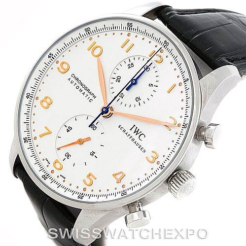 The image shows a frontal view of the IWC Portuguese IW371401 Men
s Stainless Steel Silver Dial IW371401 Men
s Stainless Steel Silver Dial Chronograph, highlighting its dial, two subdials, and crown.