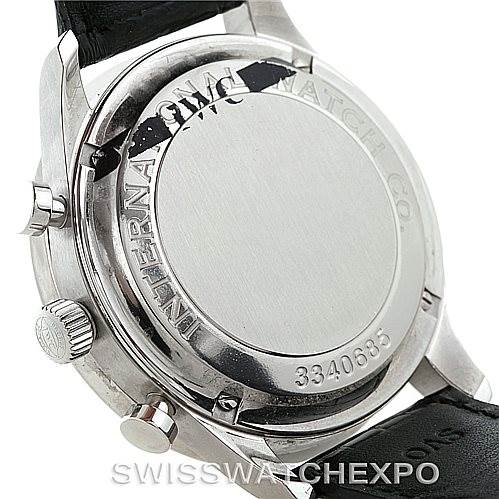 The image shows the back case of the IWC Portuguese IW371401 Men
s Stainless Steel Silver Dial IW371401 Men
s Stainless Steel Silver Dial watch, including the crown, pushers, and part of the leather strap.