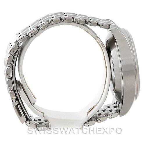 This image shows a side angle of the IWC Pilot IW370607 Men's Stainless Steel Black Dial IW370607 Men's Stainless Steel Black Dial model watch, highlighting its case and metal bracelet.