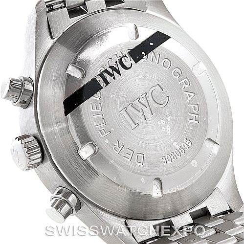 This image shows the back case and part of the bracelet of an IWC Pilot IW370607 Men's Stainless Steel Black Dial IW370607 Men's Stainless Steel Black Dial model watch.