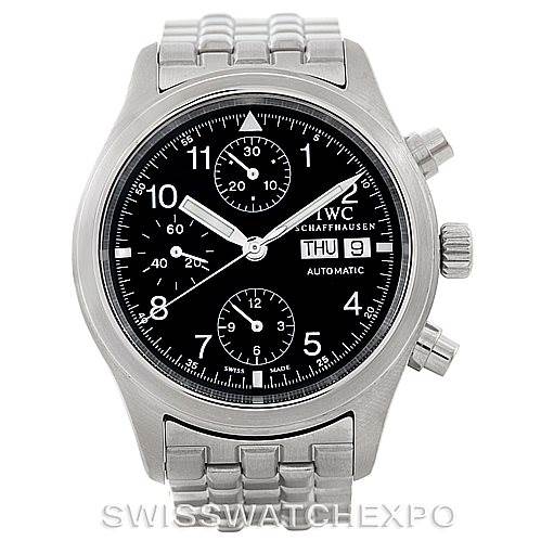 The image shows a front view of an IWC Pilot IW370607 Men's Stainless Steel Black Dial IW370607 Men's Stainless Steel Black Dial model watch, highlighting the face, chronograph sub-dials, and stainless steel strap.