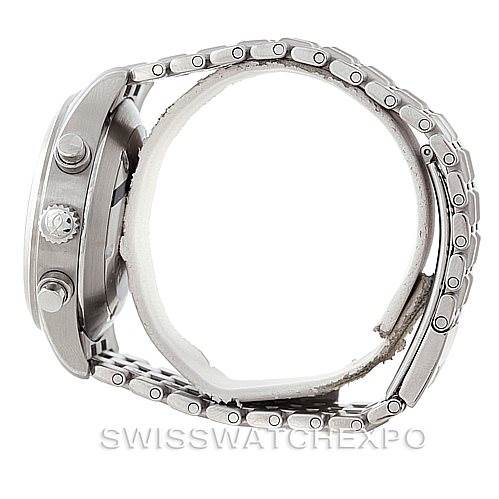 This image shows a side view of an IWC Pilot IW370607 Men's Stainless Steel Black Dial IW370607 Men's Stainless Steel Black Dial model watch, highlighting the crown, pushers, and part of the metal bracelet.