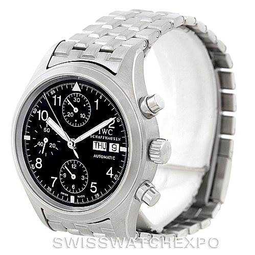 This image shows a frontal view of the IWC Pilot IW370607 Men's Stainless Steel Black Dial IW370607 Men's Stainless Steel Black Dial model watch, including the face, bezel, crown, pushers, and bracelet.