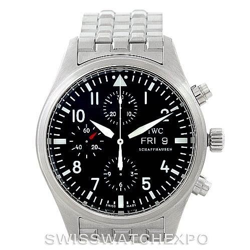 Front view of the IWC Pilot IW370607 Men's Stainless Steel Black Dial IW370607 Men's Stainless Steel Black Dial model watch, showing the full dial, bezel, crown, and pushers.