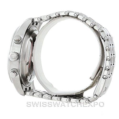 The image shows a side view of the IWC Pilot IW370607 Men's Stainless Steel Black Dial IW370607 Men's Stainless Steel Black Dial watch, highlighting the crown, pushers, and a partially looped metal bracelet.