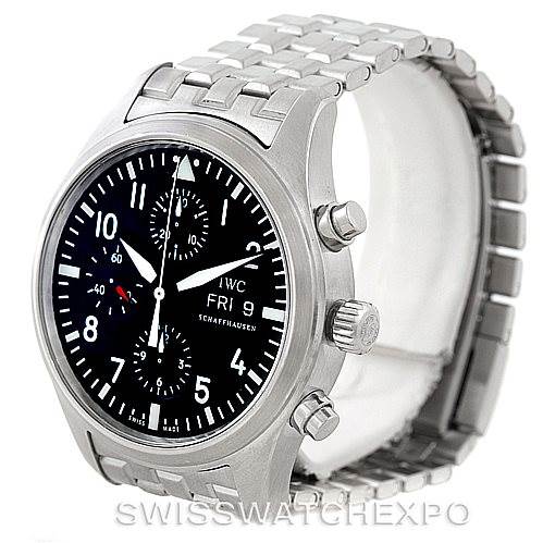 This image shows a Pilot model watch by IWC at an angle displaying its face, chronograph dials, and stainless steel bracelet.