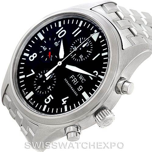 This image shows an IWC Pilot IW370607 Men's Stainless Steel Black Dial IW370607 Men's Stainless Steel Black Dial watch at a side-angled view, highlighting its black dial, chronograph subdials, and stainless steel bracelet.