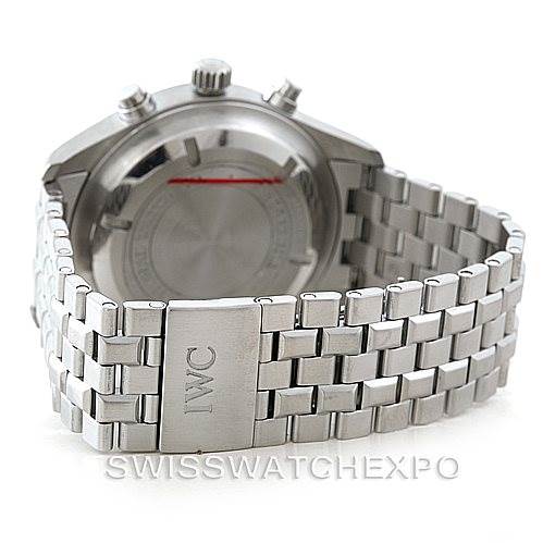 The image shows the back case, crown, and stainless steel bracelet of an IWC Pilot IW370607 Men's Stainless Steel Black Dial IW370607 Men's Stainless Steel Black Dial model watch.