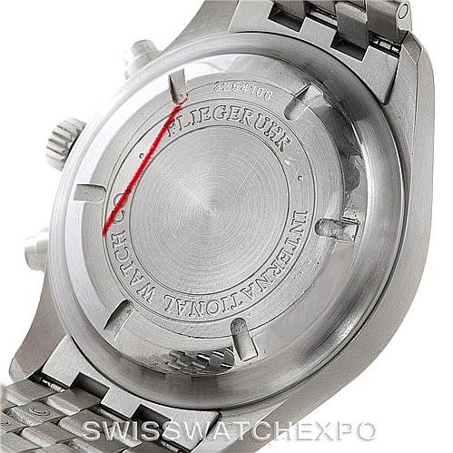 The image shows the back view of an IWC Pilot IW370607 Men's Stainless Steel Black Dial IW370607 Men's Stainless Steel Black Dial model watch, highlighting the case back and part of the metal bracelet.