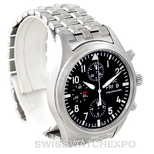 The image shows an IWC Pilot IW370607 Men's Stainless Steel Black Dial IW370607 Men's Stainless Steel Black Dial model watch from an angled side view, highlighting its face, bezel, and metal strap.