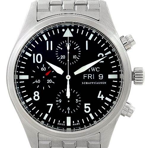 The image shows the front view of the IWC Pilot IW370607 Men's Stainless Steel Black Dial IW370607 Men's Stainless Steel Black Dial watch, including its face, bezel, and side crowns.