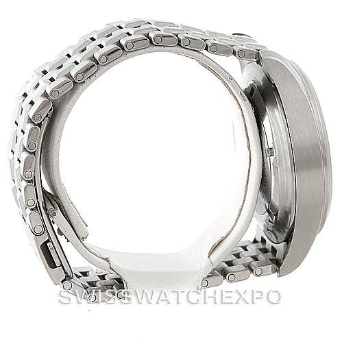 The image shows a side view of the IWC Pilot IW370607 Men's Stainless Steel Black Dial IW370607 Men's Stainless Steel Black Dial model watch, highlighting its metal bracelet and case.