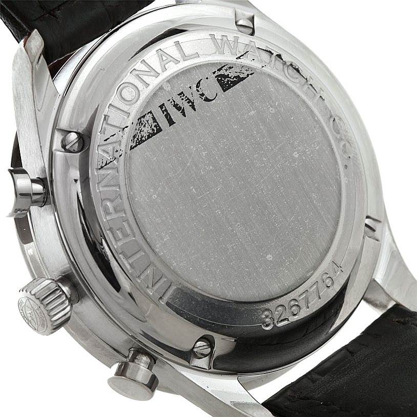 The image shows the back case and strap of an IWC Portuguese IW371438 Men
s Stainless Steel Black Dial IW371438 Men
s Stainless Steel Black Dial model watch from an oblique angle.