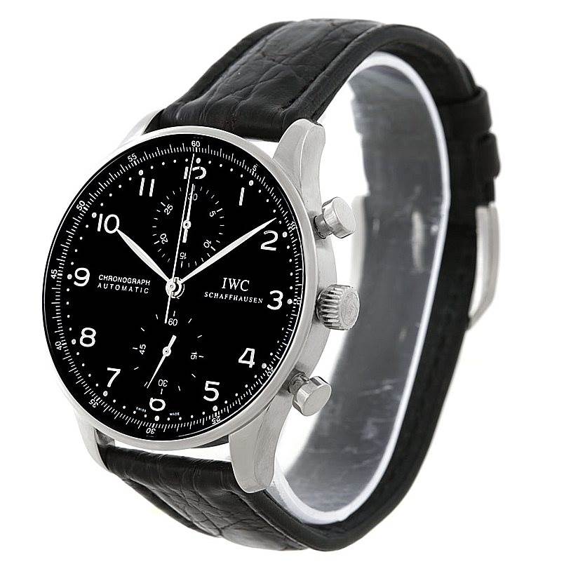The IWC Portuguese IW371438 Men
s Stainless Steel Black Dial IW371438 Men
s Stainless Steel Black Dial watch is shown at a front angle, displaying its black dial, silver case, and black leather strap.