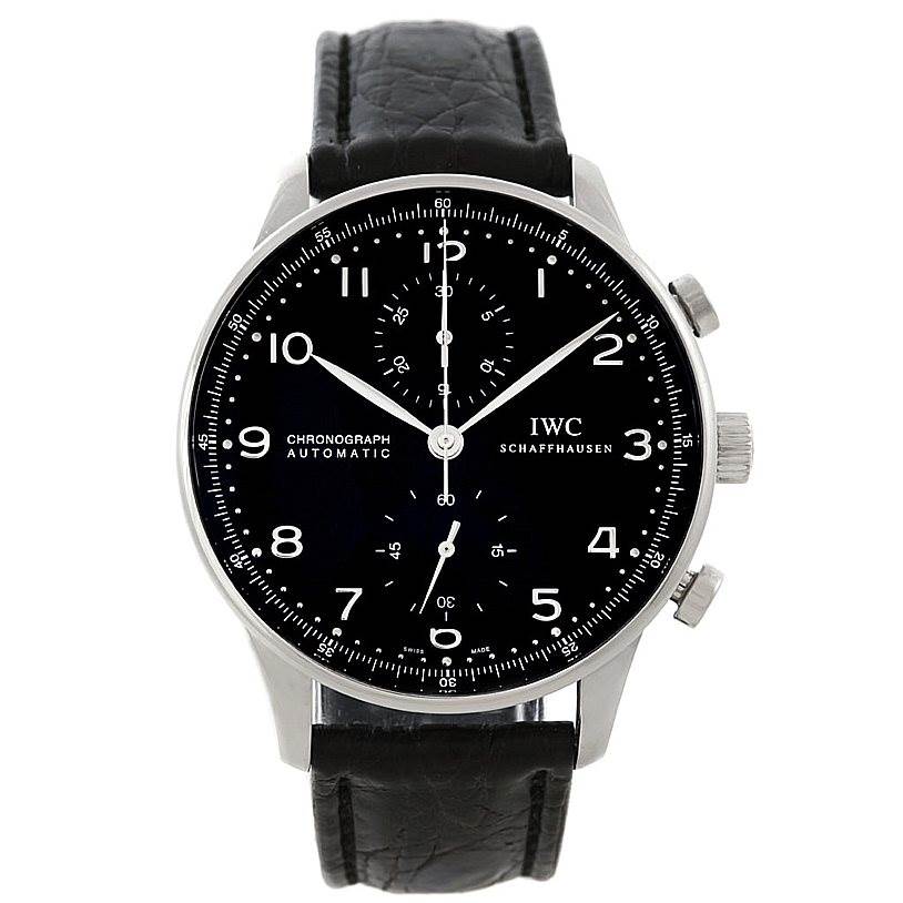 The image shows a front view of the IWC Portuguese IW371438 Men
s Stainless Steel Black Dial IW371438 Men
s Stainless Steel Black Dial Chronograph watch, displaying its black dial, Arabic numerals, and leather strap.