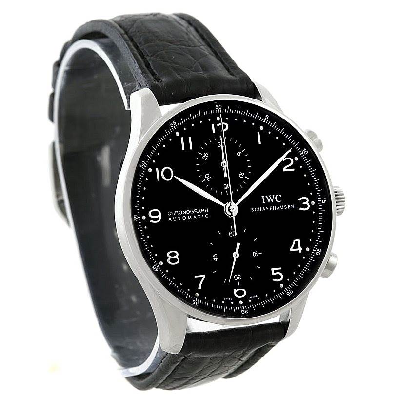The image shows a frontal view of an IWC Portuguese IW371438 Men
s Stainless Steel Black Dial IW371438 Men
s Stainless Steel Black Dial Chronograph Automatic watch with a black dial and leather strap.