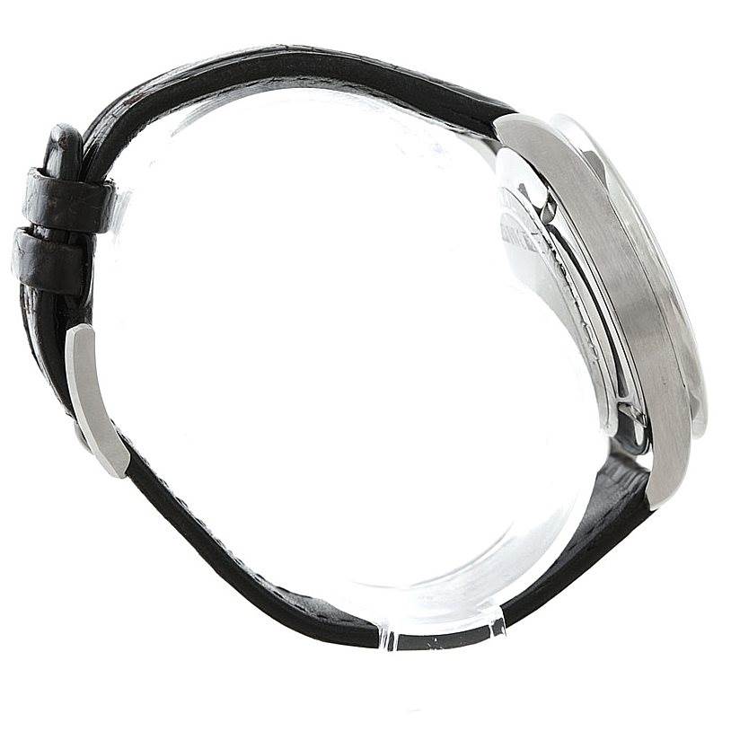 The image shows a side profile view of an IWC Portuguese IW371438 Men
s Stainless Steel Black Dial IW371438 Men
s Stainless Steel Black Dial model watch, focusing on the case, strap, and buckle.