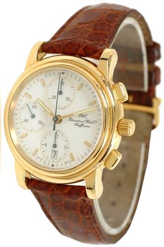 This image shows a Vintage IWC wristwatch with a gold case, white dial, and brown leather strap viewed from an angled front perspective.