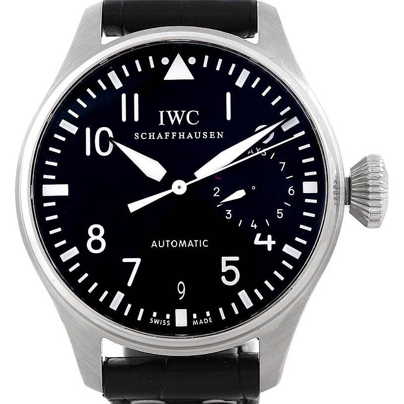 This is a Pilot model by IWC showing a front view of its dial, case, hands, and crown.