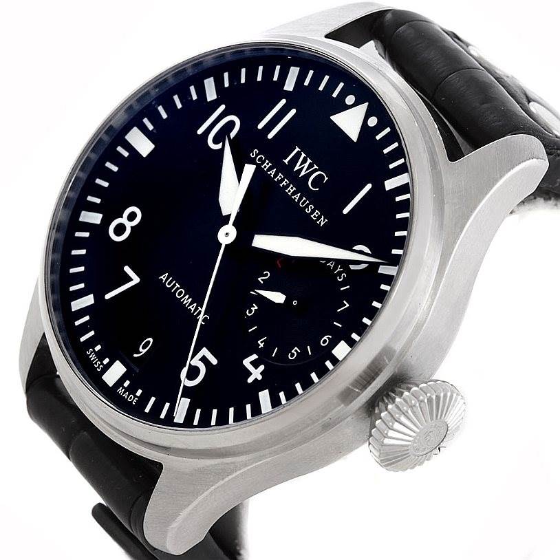 The image shows a side and front view of an IWC Pilot IW500401 Men's Stainless Steel Black Dial IW500401 Men's Stainless Steel Black Dial model watch, highlighting the dial, bezel, and crown.