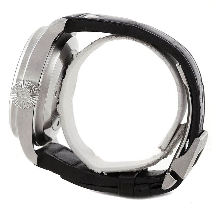 This image shows the side profile of the IWC Pilot IW500401 Men's Stainless Steel Black Dial IW500401 Men's Stainless Steel Black Dial model watch, highlighting the crown and strap.