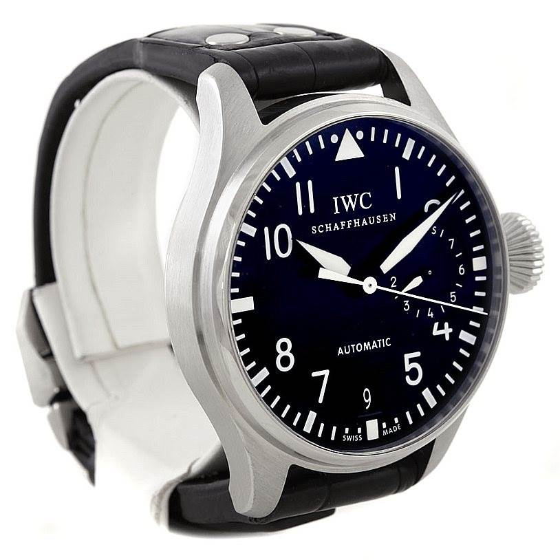 The image shows a frontal view of the IWC Pilot IW500401 Men's Stainless Steel Black Dial IW500401 Men's Stainless Steel Black Dial model watch, displaying the face, hands, numbers, and part of the strap.