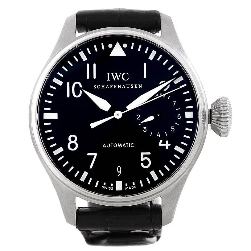 The IWC Pilot IW500401 Men's Stainless Steel Black Dial IW500401 Men's Stainless Steel Black Dial model watch is shown from the front, featuring its dial, hands, and crown.