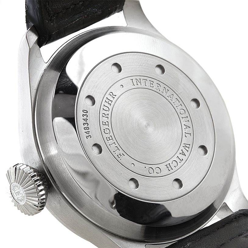 The image shows the back case and crown of the Pilot model watch by IWC.