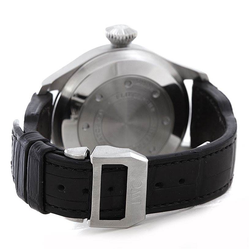 The image shows the back case, crown, and clasp of an IWC Pilot IW500401 Men's Stainless Steel Black Dial IW500401 Men's Stainless Steel Black Dial model watch from a rear angle.