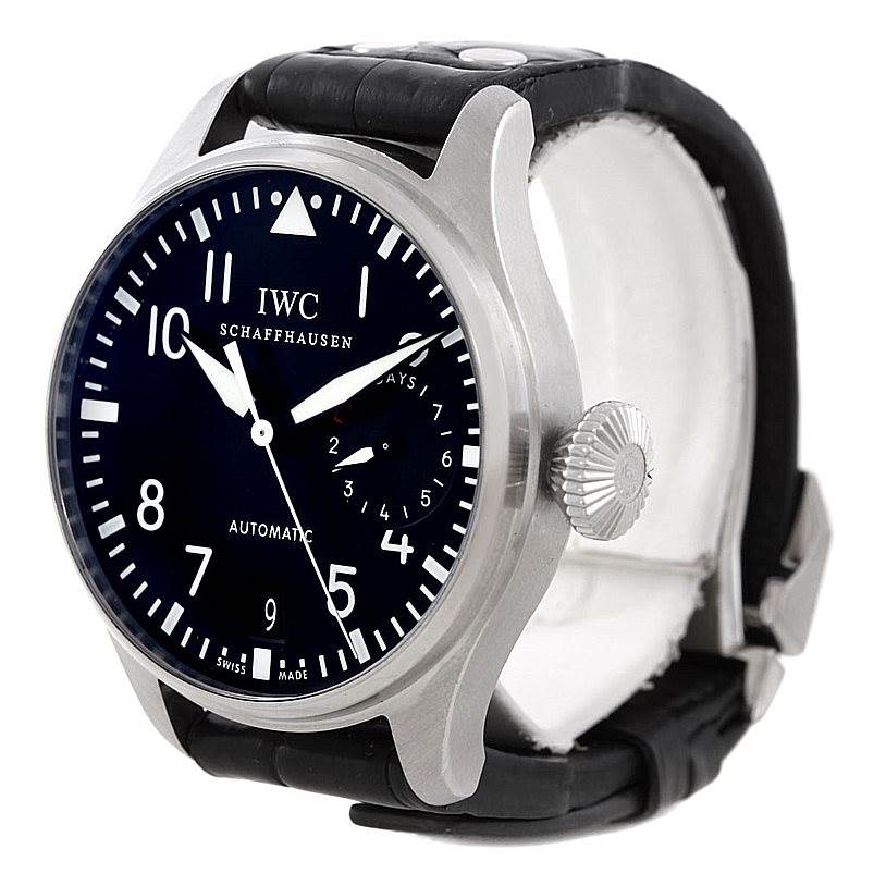 The image shows a frontal and side angle of an IWC Pilot IW500401 Men's Stainless Steel Black Dial IW500401 Men's Stainless Steel Black Dial model watch, displaying its face, crown, and leather strap.